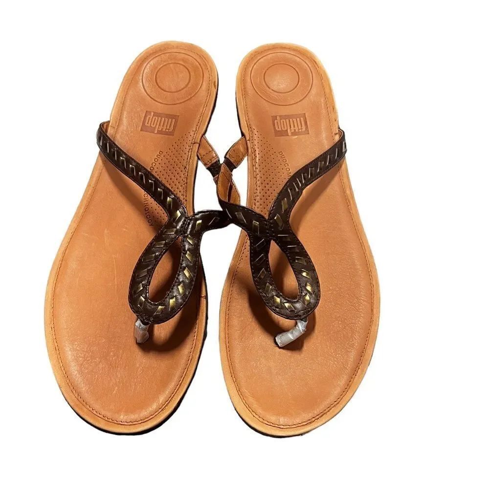 Fitflop STRATA Whipstitch Leather Toe-Post Sandals Brown Size 11 New